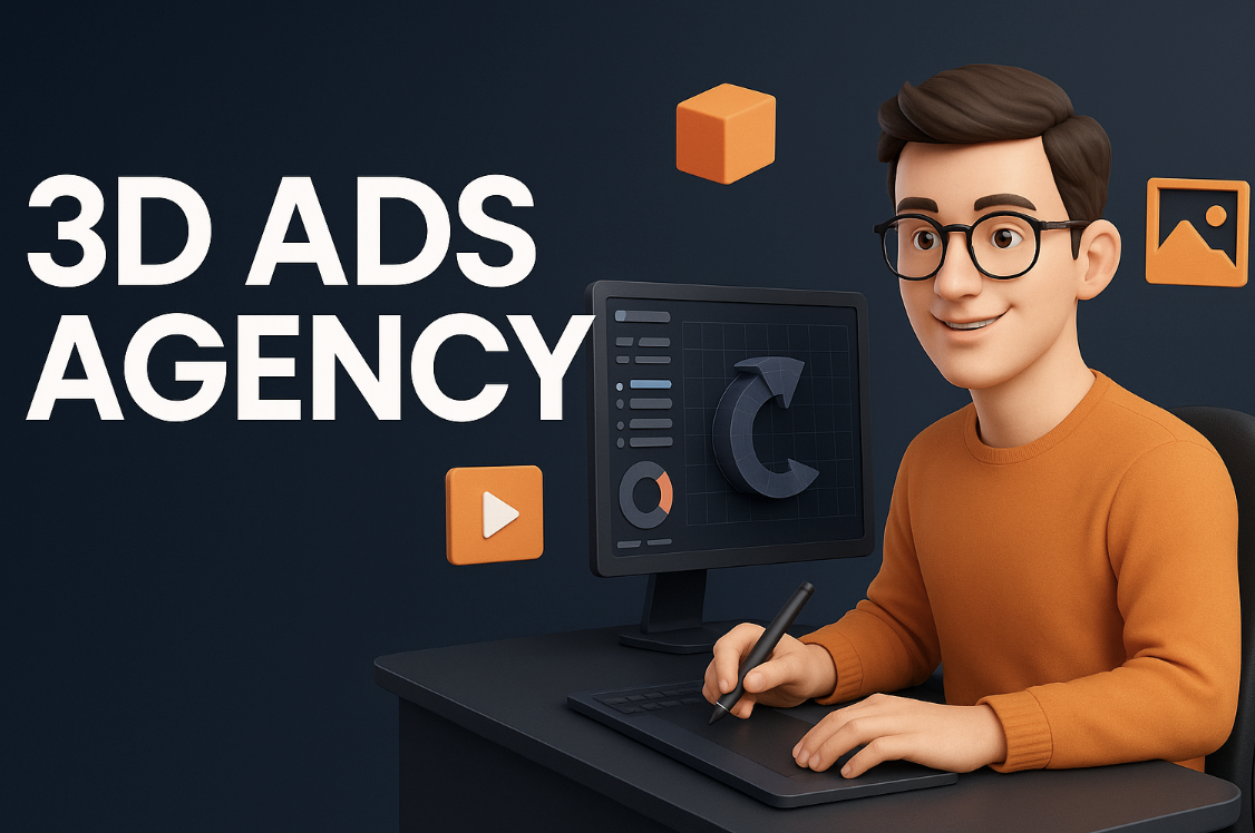 3D Ads Agency - Friendly cartoon character with glasses working on graphics tablet, surrounded by floating 3D icons and digital interface