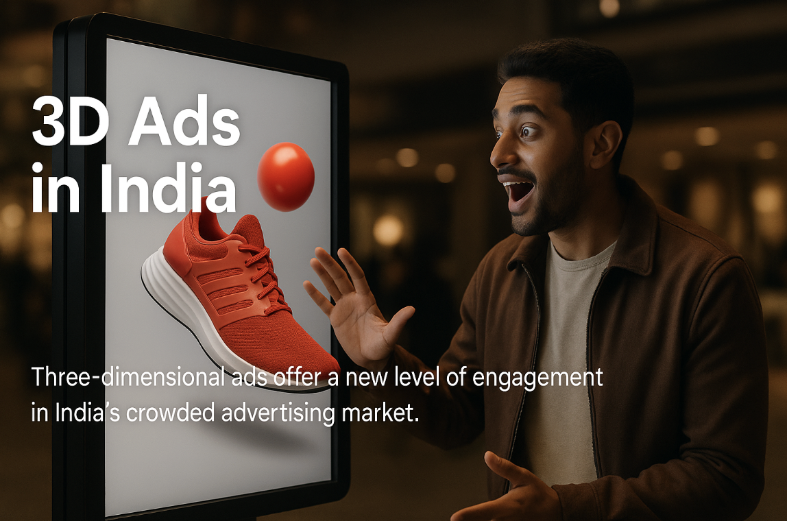 3D Ads in India - Young man interacting with immersive 3D digital display showing floating red running shoe and spherical ball