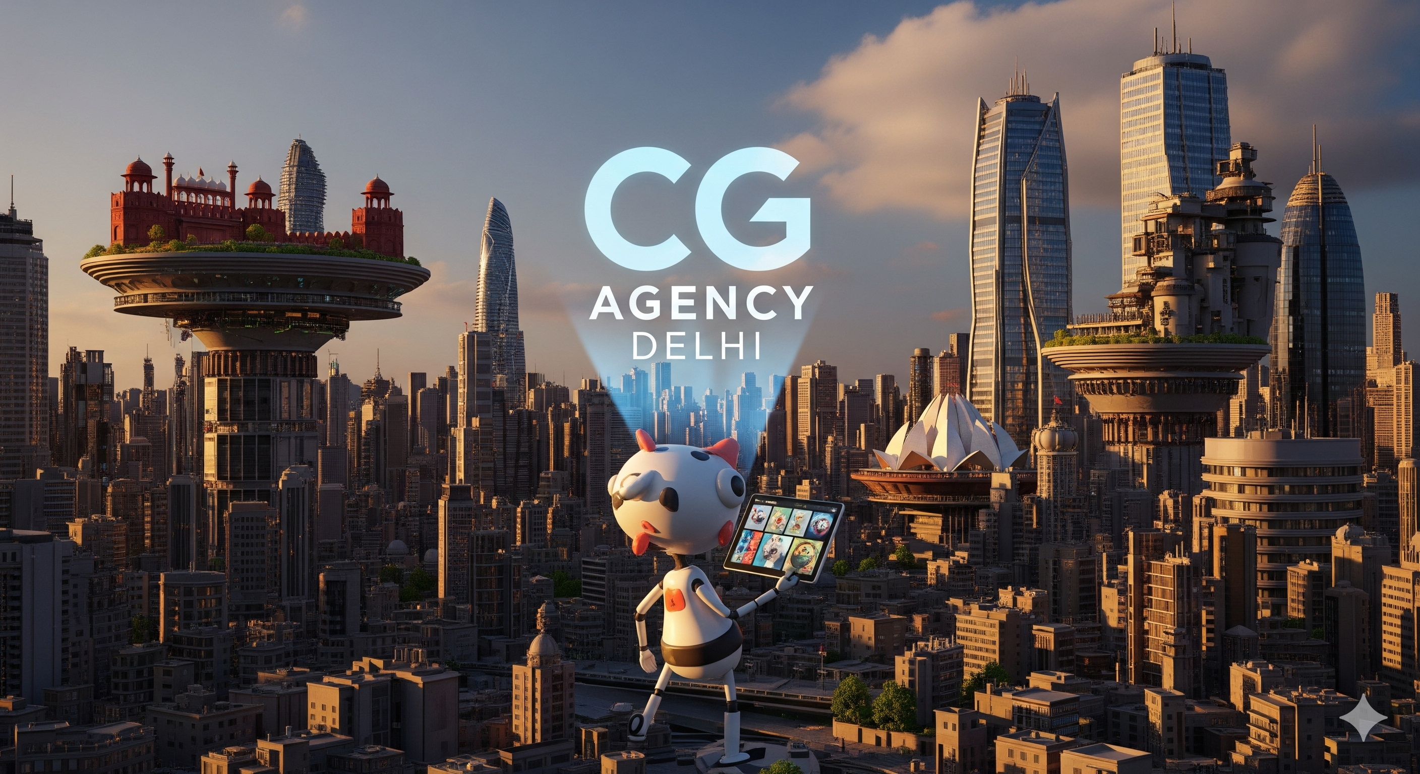 CG Ads Company in Delhi - Futuristic cityscape with robot character and holographic projection showcasing Delhi landmarks