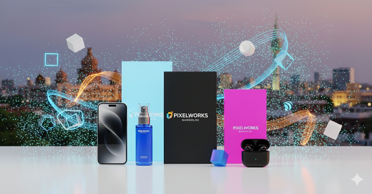 Top CG Ads Company in Bangalore - Modern tech products and Pixelworks branding with digital effects and cityscape background