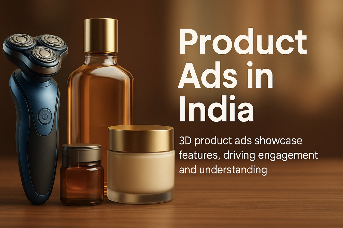 Product Ads in India - 3D product advertising showcasing electric shaver, amber oil bottle, and cream jars with professional lighting